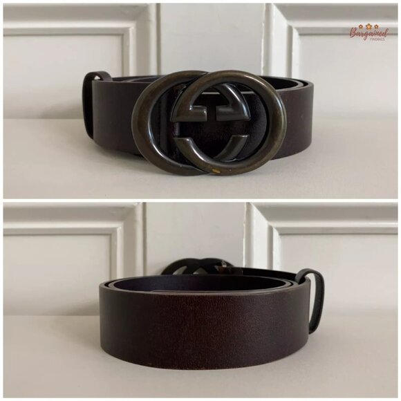 Authentic Gucci Dark Brown Calfskin Dark Bronze Interlocking G Buckle Belt 90/36 - Picture 3 of 13